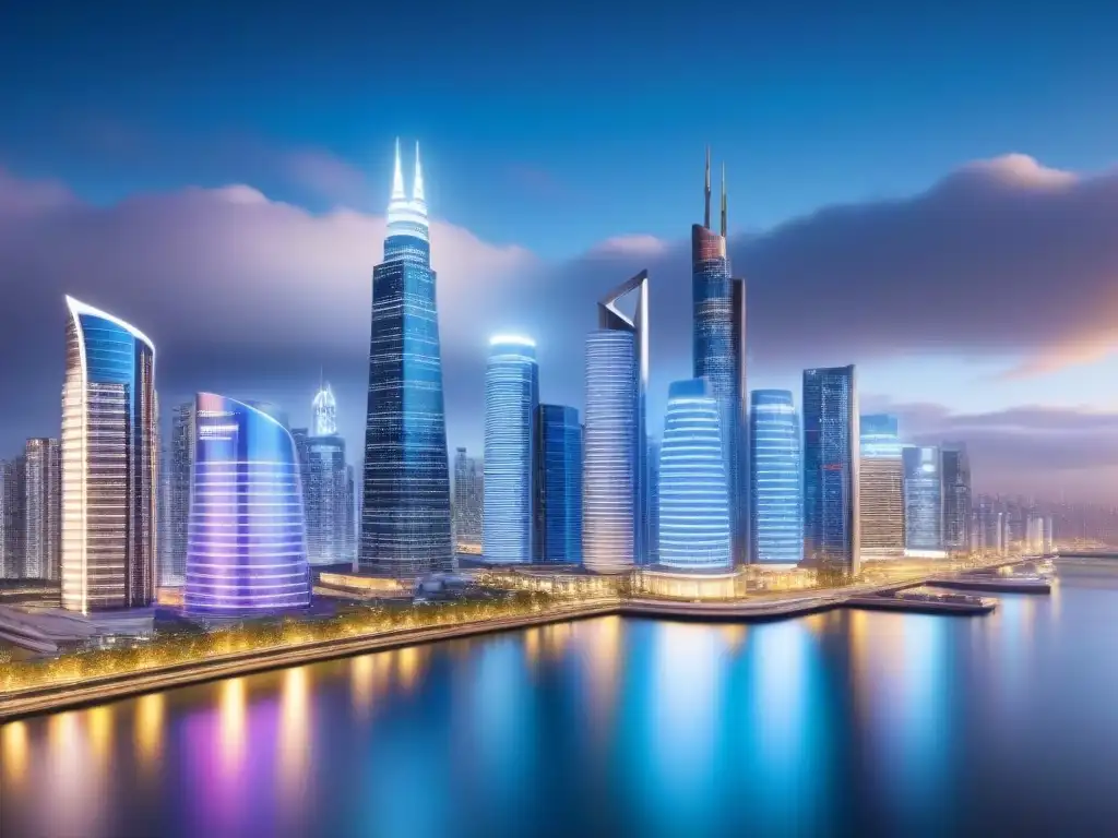 Un paisaje urbano futurista con rascacielos modernos iluminados por pantallas digitales mostrando datos financieros en tiempo real, simbolizando la Fusión de Fintech y tasas de interés en bienes raíces