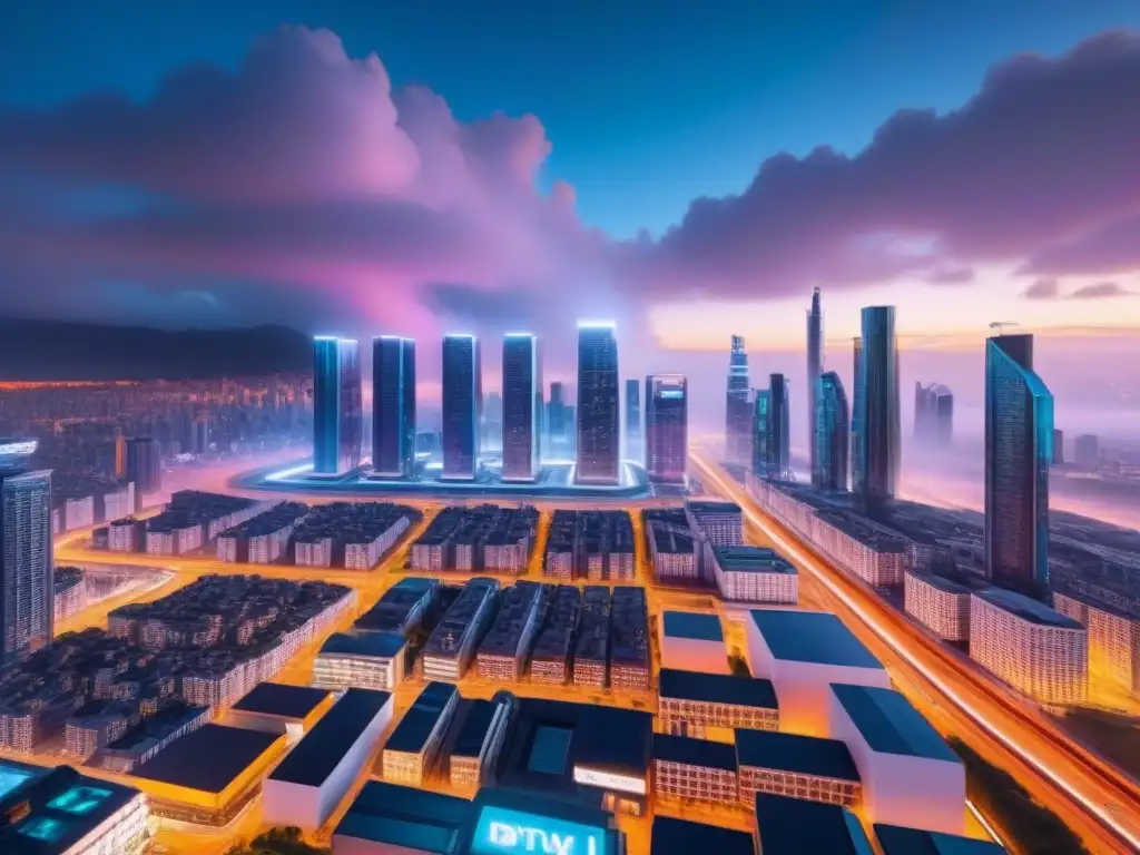 Un paisaje urbano futurista con rascacielos modernos iluminados por luces neón, mostrando innovación en apps inmobiliarias
