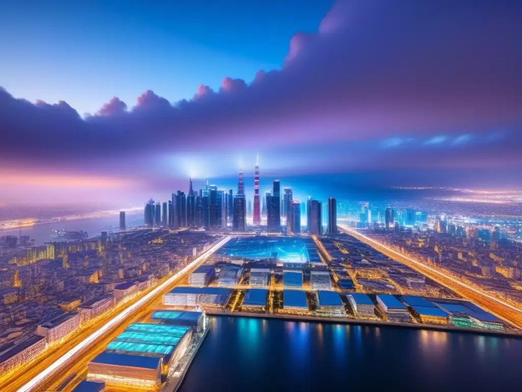 Skyline futurista: tecnología y financiamiento inmobiliario en Fintech Un paisaje urbano futurista al anochecer, con rascacielos brillantes, vehículos en el aire y pantallas digitales mostrando datos financieros