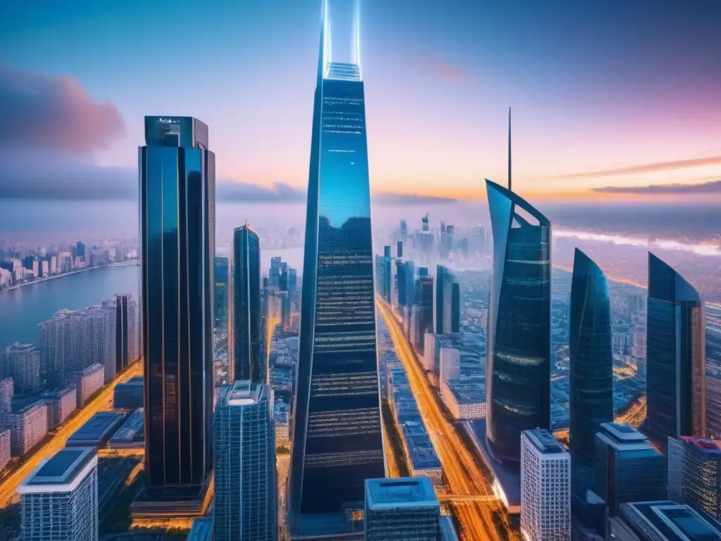Cityscape: Integración Fintech en Financiamiento Inmobiliario Un paisaje urbano futurista con rascacielos modernos y edificios tradicionales, simbolizando la integración de Financiamiento inmobiliario era Fintech