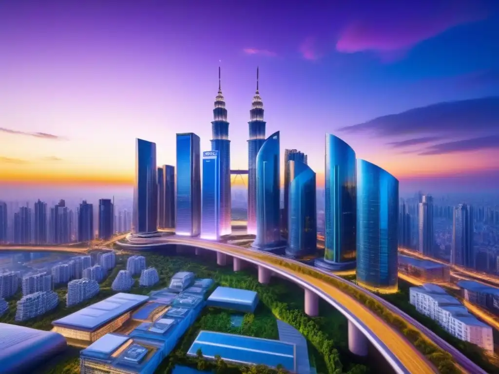 Metrópolis futurista: rascacielos dorados en atardecer violeta Un paisaje urbano futurista con rascacielos interconectados, puentes aéreos y autos voladores, reflejando un atardecer dorado