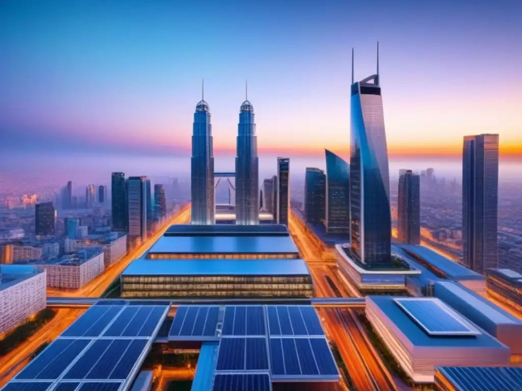 Metrópolis futurista: rascacielos, transporte avanzado y sostenibilidad Un paisaje urbano futurista con rascacielos elegantes reflejando la luz del atardecer