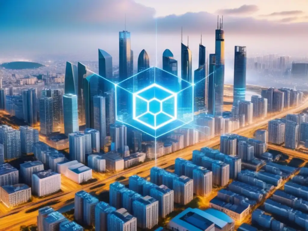 Red de blockchain transparente sobre ciudad: innovación inmobiliaria segura Un paisaje urbano futurista con una red blockchain transparente superpuesta, simbolizando estrategias de blindaje en inversiones inmobiliarias
