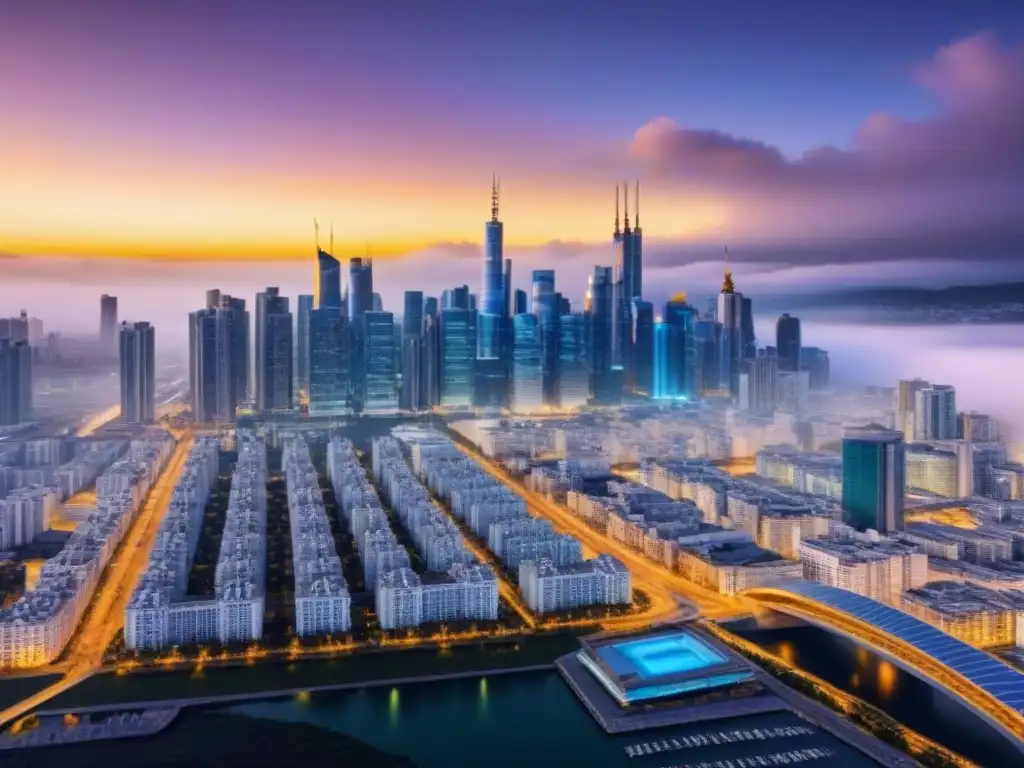 Metrópolis futurista: Integración tecnológica en bienes raíces Un paisaje urbano futurista resaltado digitalmente con redes de Tecnología Blockchain en títulos inmobiliarios