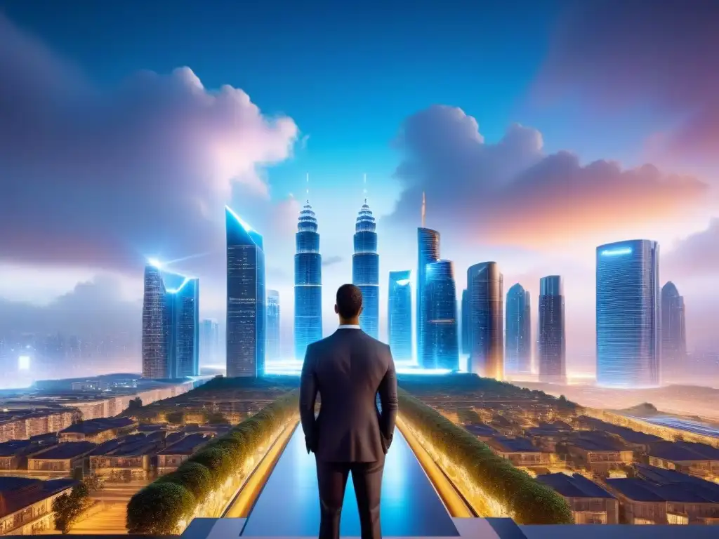 Transacción inmobiliaria futurista con IA avanzada Un paisaje urbano futurista con sistemas avanzados de transacciones AI