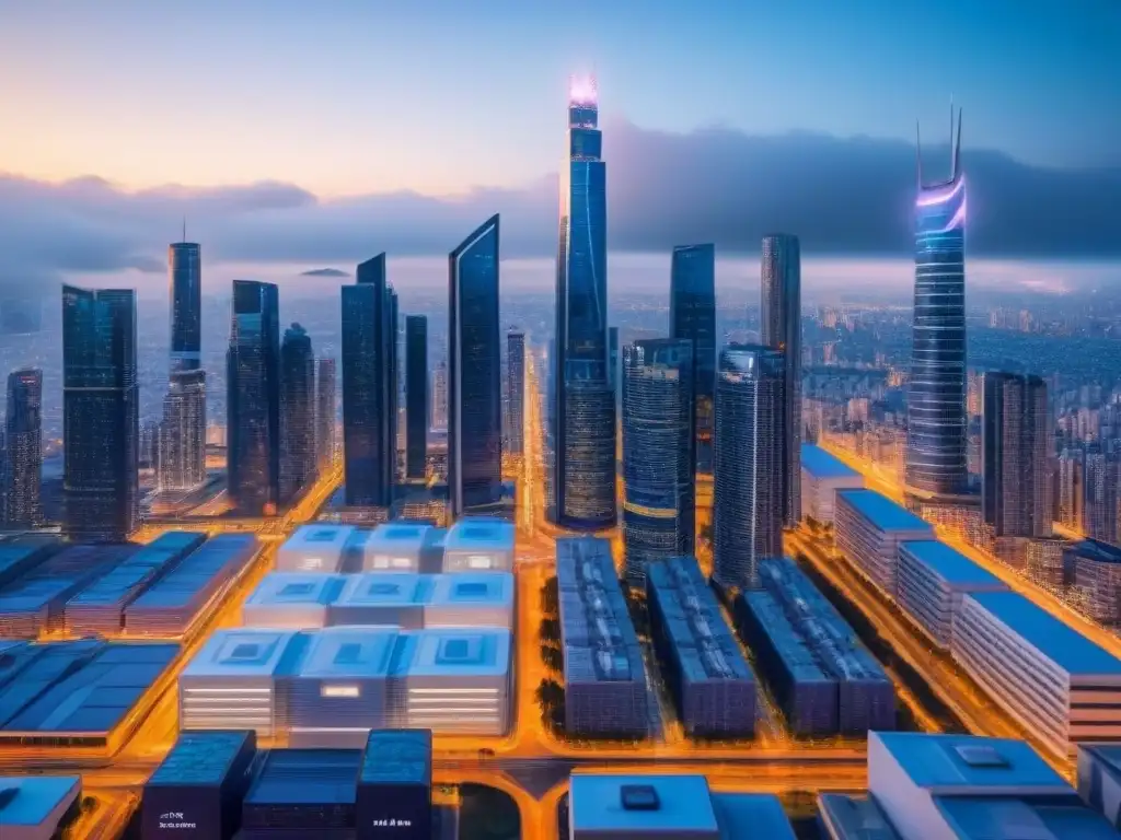 Cityscape futurista con sistemas de seguridad avanzados Un paisaje urbano futurista con sistemas de seguridad avanzados integrados, resaltando la importancia de la Seguridad en financiamiento inmobiliario
