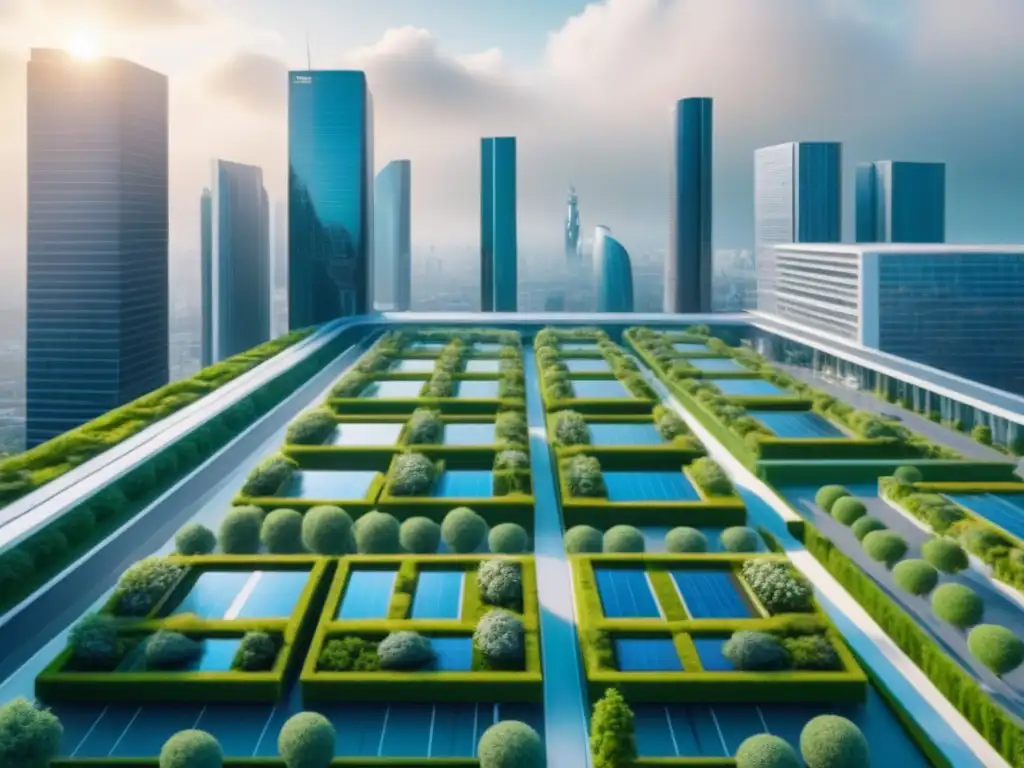 Metrópolis futurista: armonía entre naturaleza y tecnología Un paisaje urbano futurista con tecnología avanzada y arquitectura sostenible, reflejando las tendencias del mercado inmobiliario tecnológico