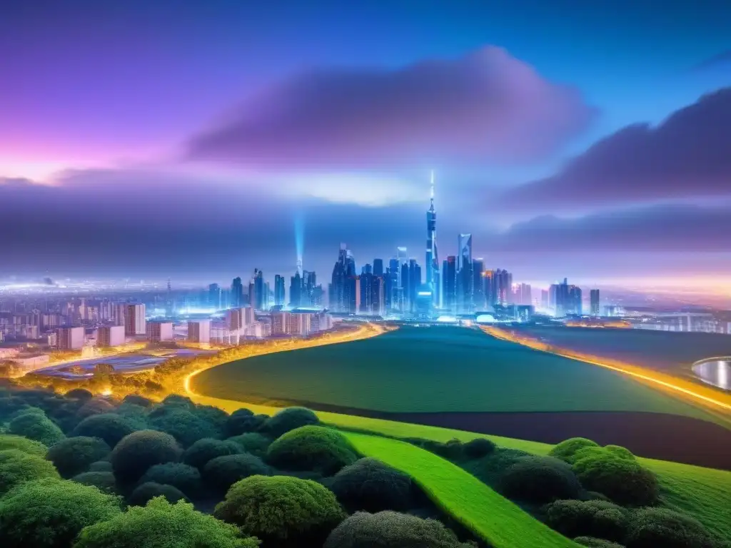 Futurismo urbano: Ciudad inteligente y sostenible en 8k Un paisaje urbano futurista con tecnología integrada y energías renovables