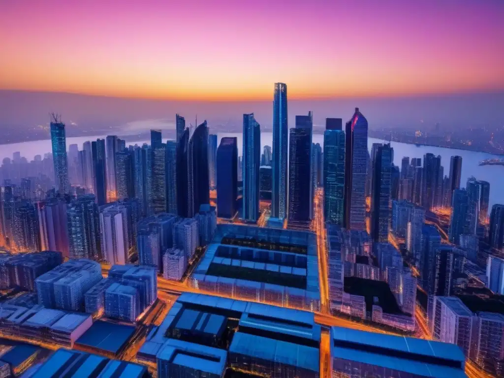 Horizonte futurista: Metrópolis brillante y tecnológica al atardecer Un paisaje urbano futurista con tecnología blockchain en financiamiento inmobiliario en América Latina