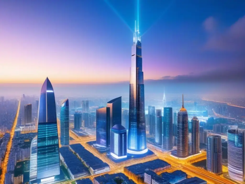 Metrópolis futurista: transacciones inmobiliarias en blockchain Un paisaje urbano futurista con tecnología blockchain revolucionando el mercado inmobiliario