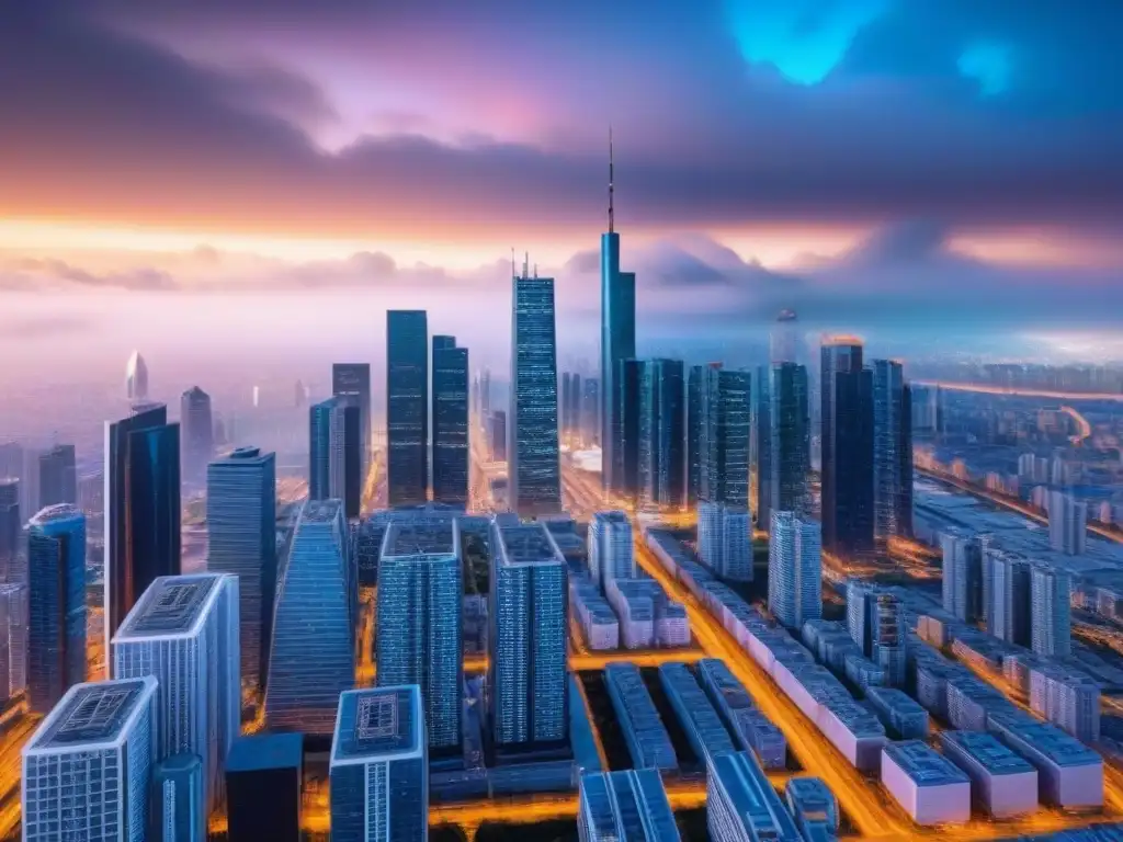 Blockchain en Futurista Ciudad 8k Un paisaje urbano futurista con tecnología blockchain en financiamiento inmobiliario