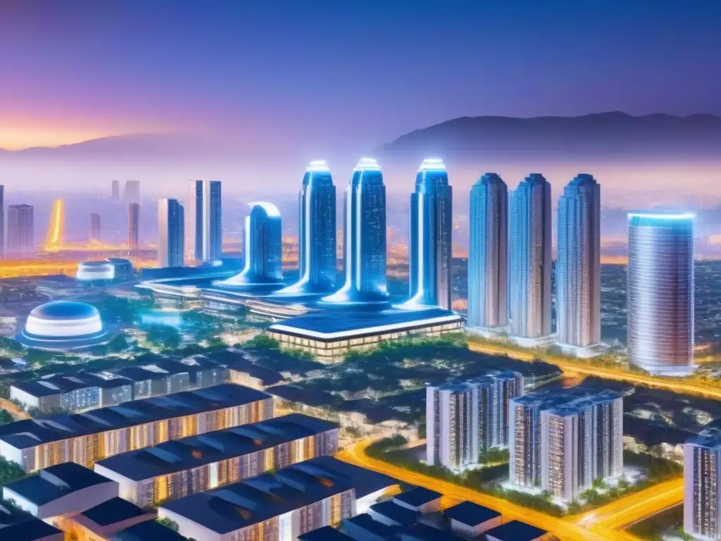 Metrópolis futurista: IA revoluciona préstamos inmobiliarios Un paisaje urbano futurista con tecnología AI avanzada para evaluación de préstamos inmobiliarios