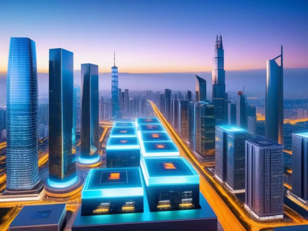 Real Estate del Futuro: Blockchain en la Ciudad Un paisaje urbano futurista al anochecer con tecnología Blockchain en títulos inmobiliarios