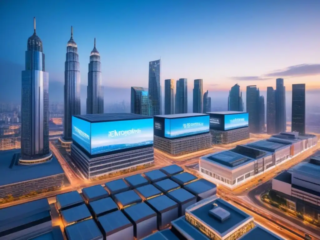 Metrópolis futurista: tecnología avanzada en bienes raíces comerciales Un paisaje urbano futurista al anochecer con tecnologías emergentes en REITs comerciales