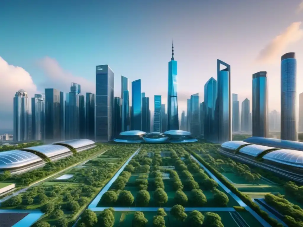 Metrópolis futurista: mercado inmobiliario y QE Un paisaje urbano futurista de torres altas rodeadas de vegetación, reflejando un mercado inmobiliario influenciado por el efecto quantitative easing