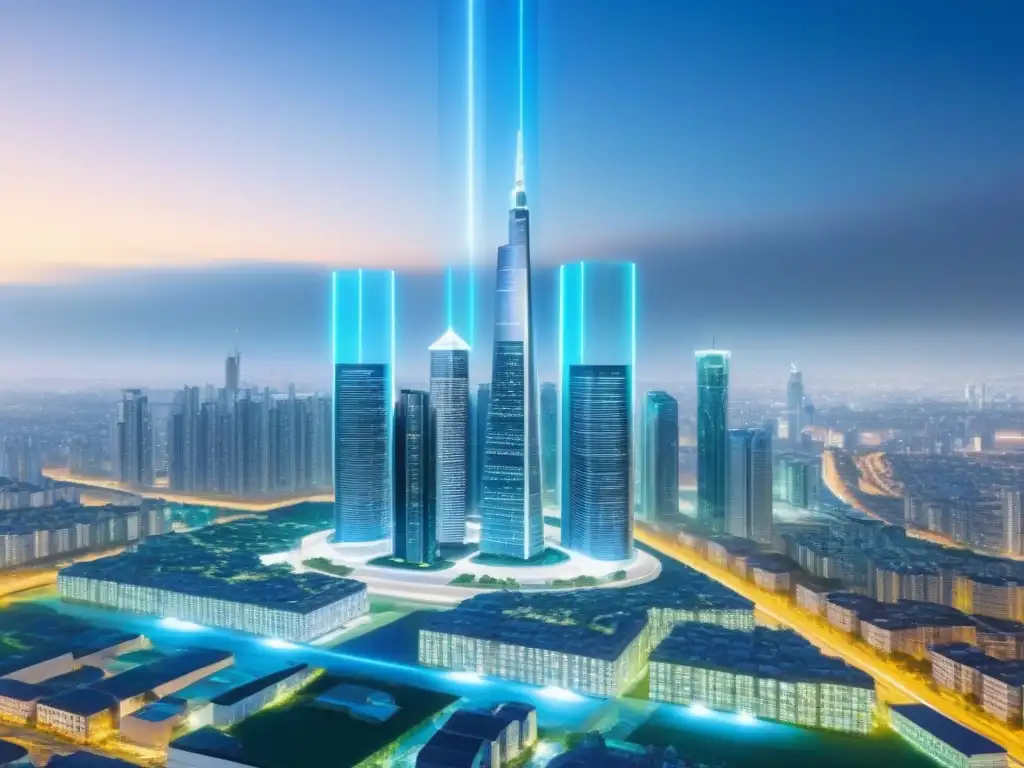 Smart contracts revolucionan la industria inmobiliaria Un paisaje urbano futurista con transacciones de contratos inteligentes en finanzas inmobiliarias