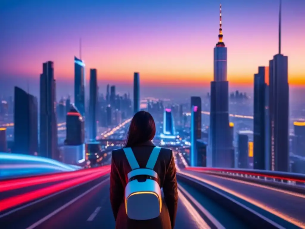 Metrópolis futurista: atardecer de neón y rascacielos Un paisaje urbano futurista ultrarrealista al anochecer, con rascacielos iluminados por luces de neón vibrantes y coches voladores