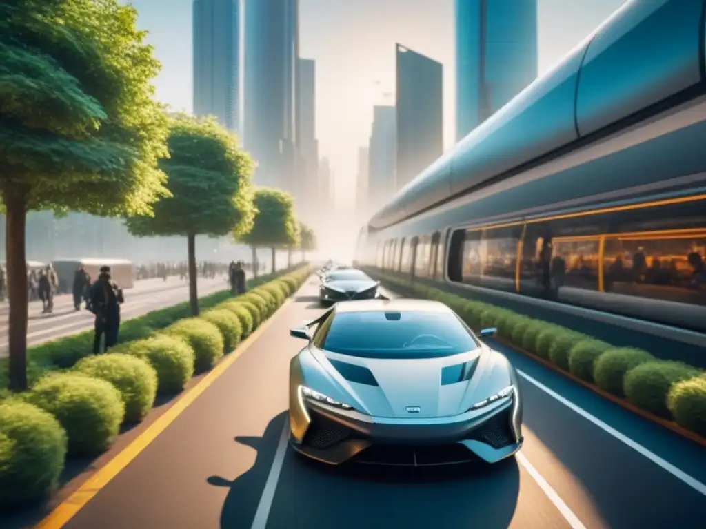 Un paisaje urbano futurista con vehículos híbridos integrados