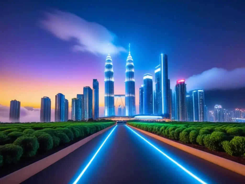 Metrópolis futurista: armonía entre naturaleza y tecnología Un paisaje urbano futurista vibrante con rascacielos elegantes iluminados por luces de neón en una noche estrellada