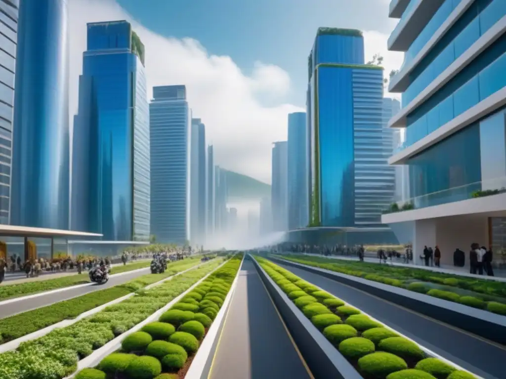 Metrópolis sostenible del futuro en América Latina Un paisaje urbano futurista y vibrante con edificios verdes sostenibles, paneles solares y jardines verticales
