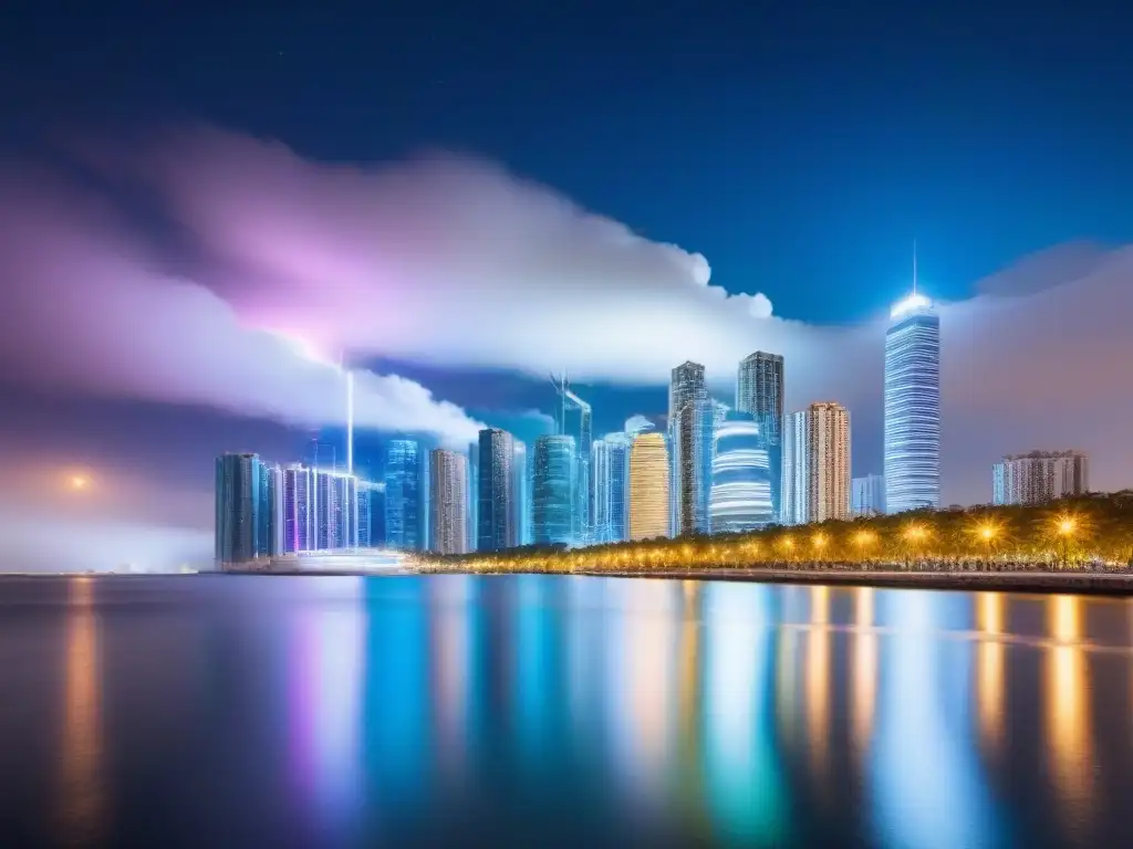 Metrópolis nocturna: luces y modernidad en armonía Un paisaje urbano futurista y vibrante de noche, con rascacielos iluminados y reflejados en un cuerpo de agua tranquilo