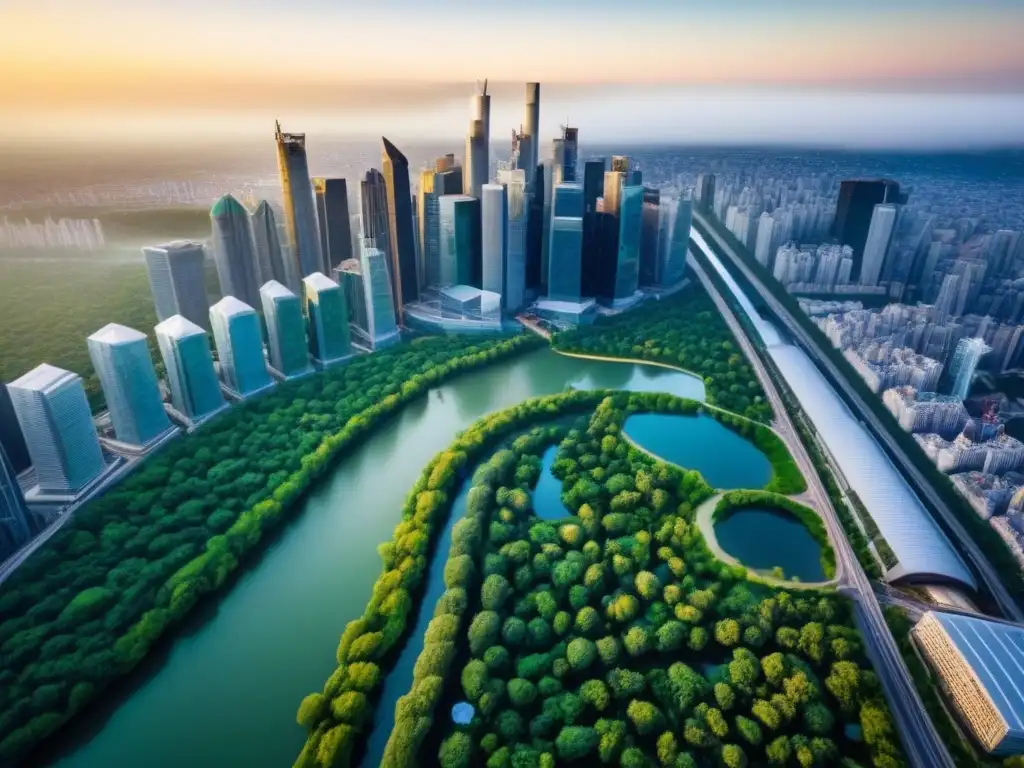 Vista aérea impresionante de distrito financiero vibrante Un paisaje urbano impresionante con rascacielos modernos y áreas verdes, evitando errores financieros inmobiliarios comunes