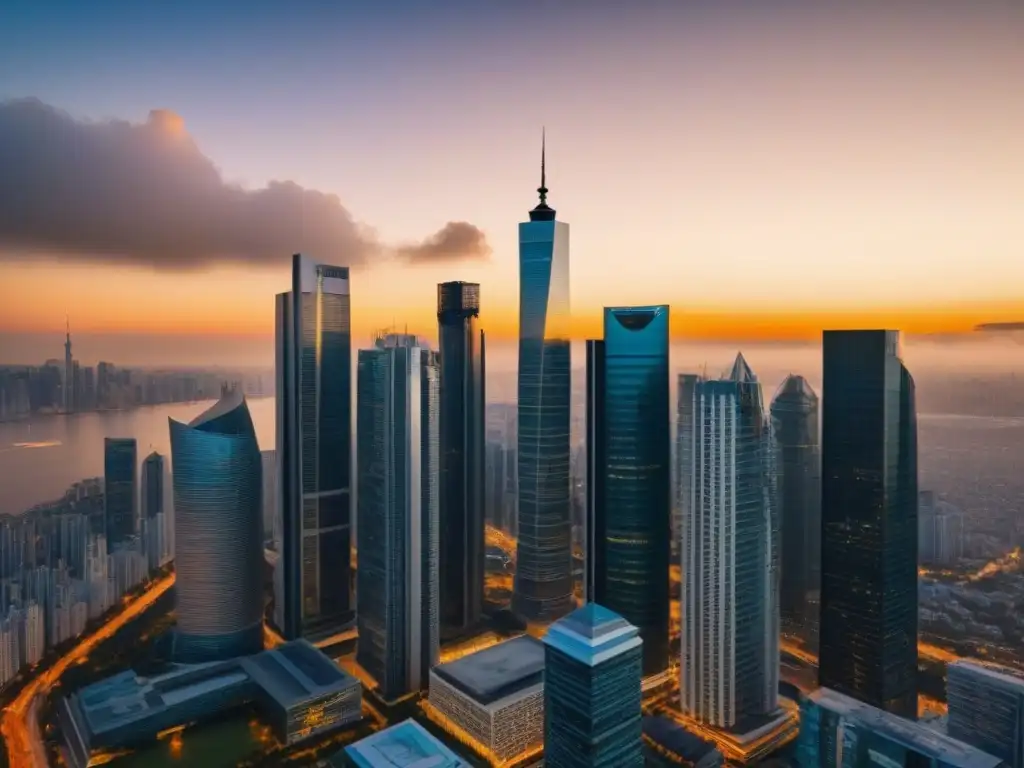 Inversión inmobiliaria global: impacto de tipos de cambio en la ciudad Un paisaje urbano lleno de rascacielos, reflejando el sol poniente