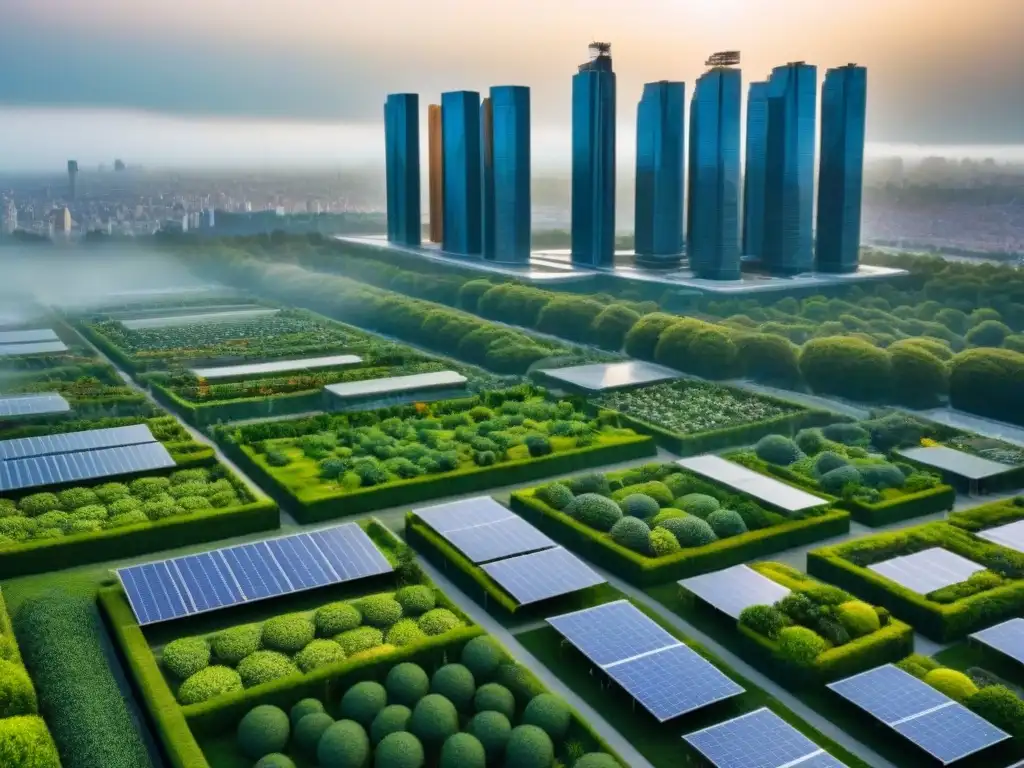 Cityscape ecológico: diseño innovador y sustentable Un paisaje urbano moderno con edificios ecológicos y jardines en azoteas, reflejando el avance hacia un futuro más verde en el mercado inmobiliario