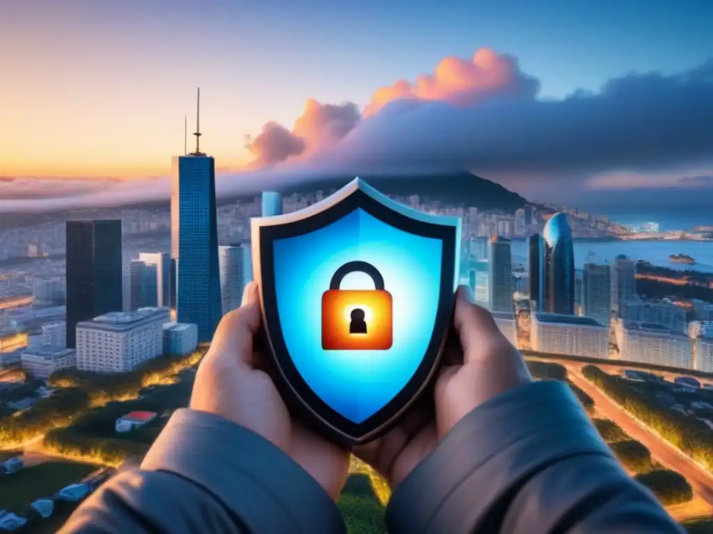 Ciberseguridad futurista en finanzas inmobiliarias Un paisaje urbano moderno entrelazado con códigos binarios y iconos de escudo, simbolizando la seguridad en financiamiento inmobiliario