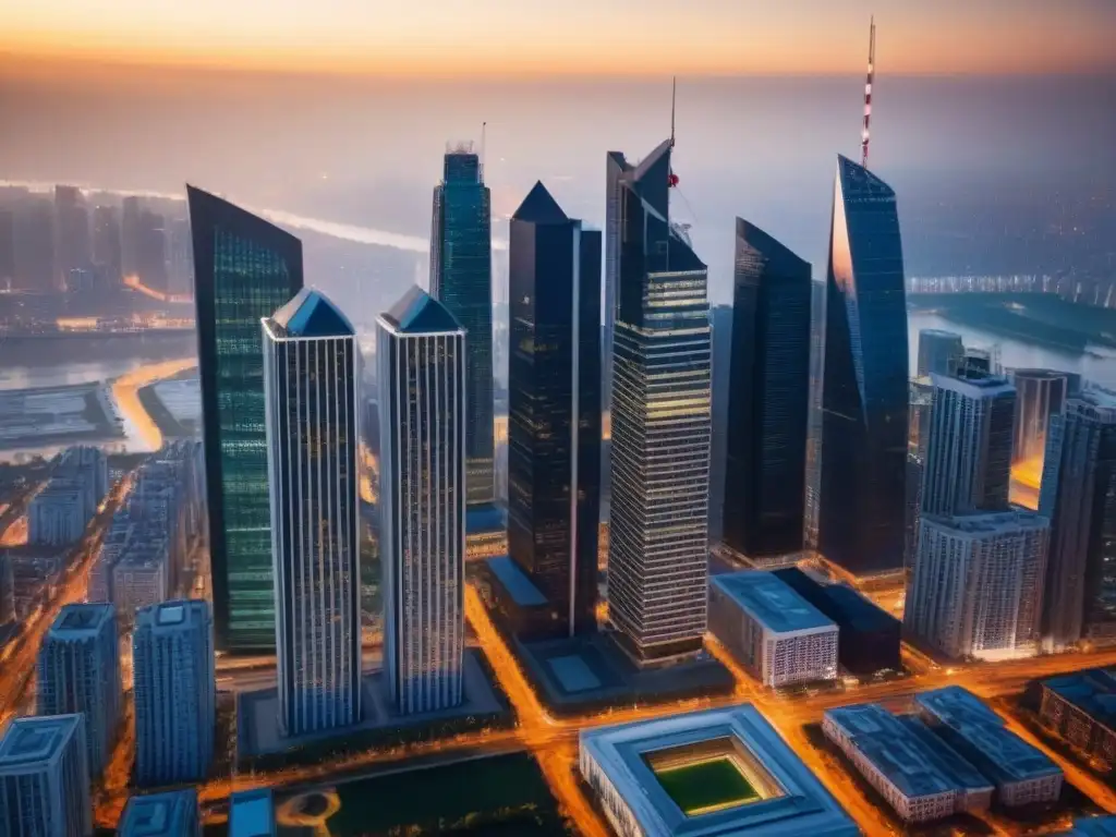 Espléndida vista aérea de la ciudad al atardecer Un paisaje urbano moderno al anochecer con rascacielos iluminados por el sol, reflejando vitalidad y financiamiento mixto proyectos inmobiliarios