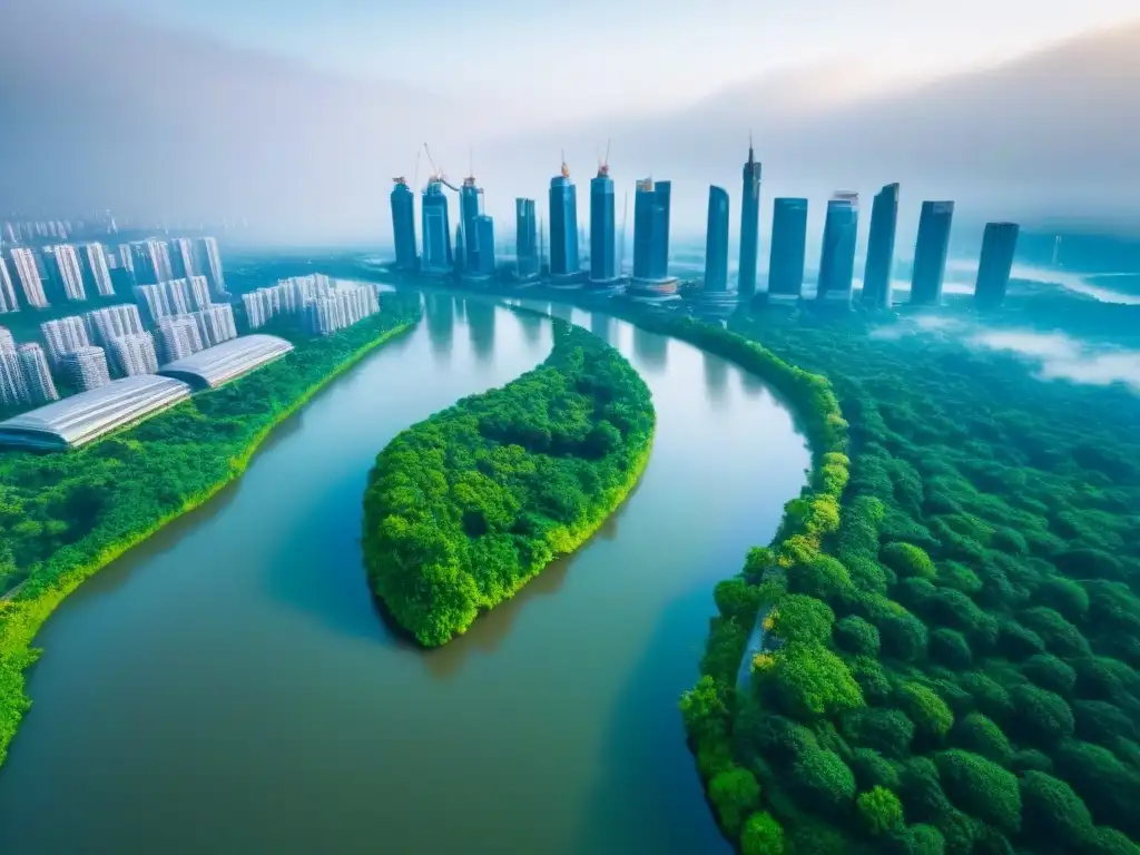 Metrópolis sostenible: armonía entre ciudad y naturaleza Un paisaje urbano moderno con rascacielos y parques verdes, simbolizando la armonía entre progreso y naturaleza en el SEO para afiliados inmobiliarios
