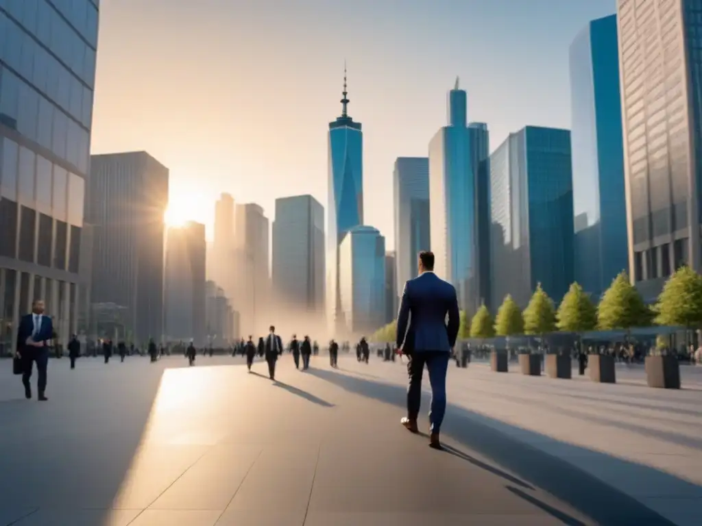 Horizonte urbano: Finanzas en movimiento al atardecer Un paisaje urbano moderno con rascacielos imponentes y un distrito financiero bullicioso