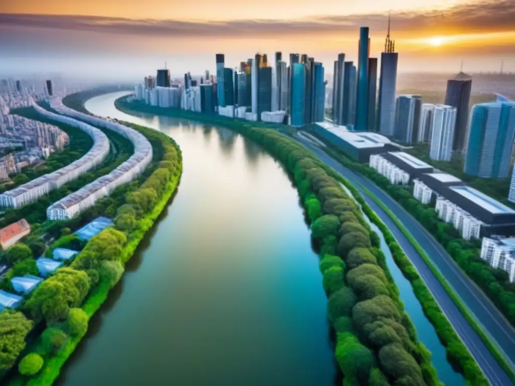 Anochecer dorado: metrópolis moderna y verde Un paisaje urbano moderno con rascacielos, parques verdes y un río, iluminado por el atardecer