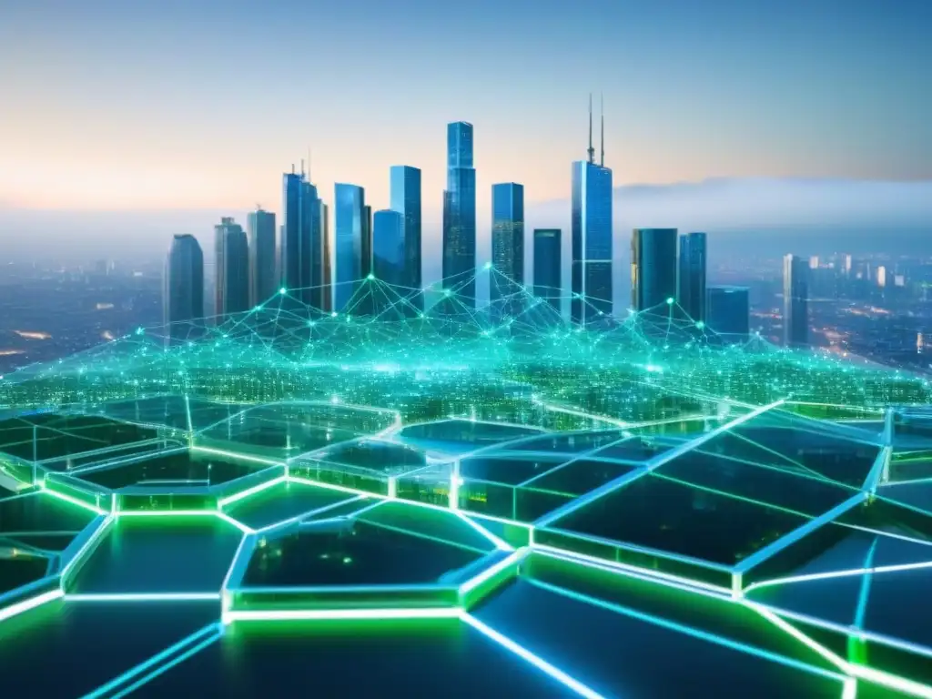Blockchain transparente sobre ciudad: integración tecnológica inmobiliaria Un paisaje urbano moderno con una red blockchain transparente, simbolizando la integración de la tecnología blockchain en financiamiento inmobiliario