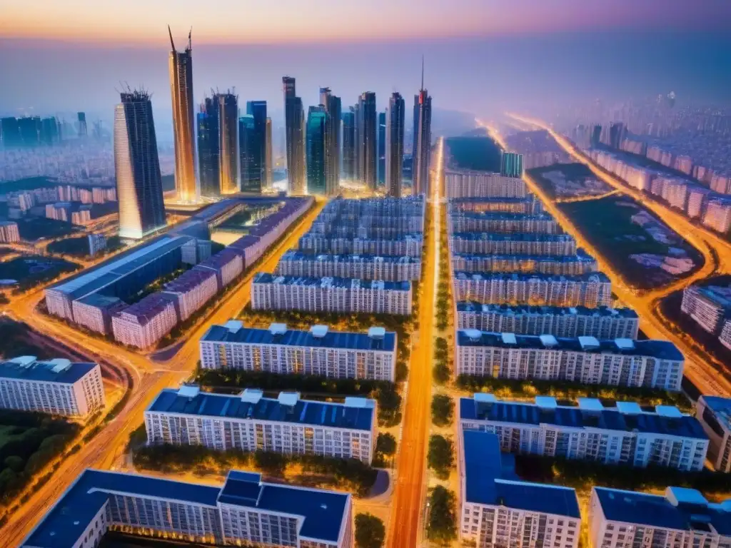 Vista aérea impactante de ciudad moderna al anochecer Un paisaje urbano moderno al anochecer con regulaciones urbanísticas que resaltan la seguridad y armonía de la ciudad