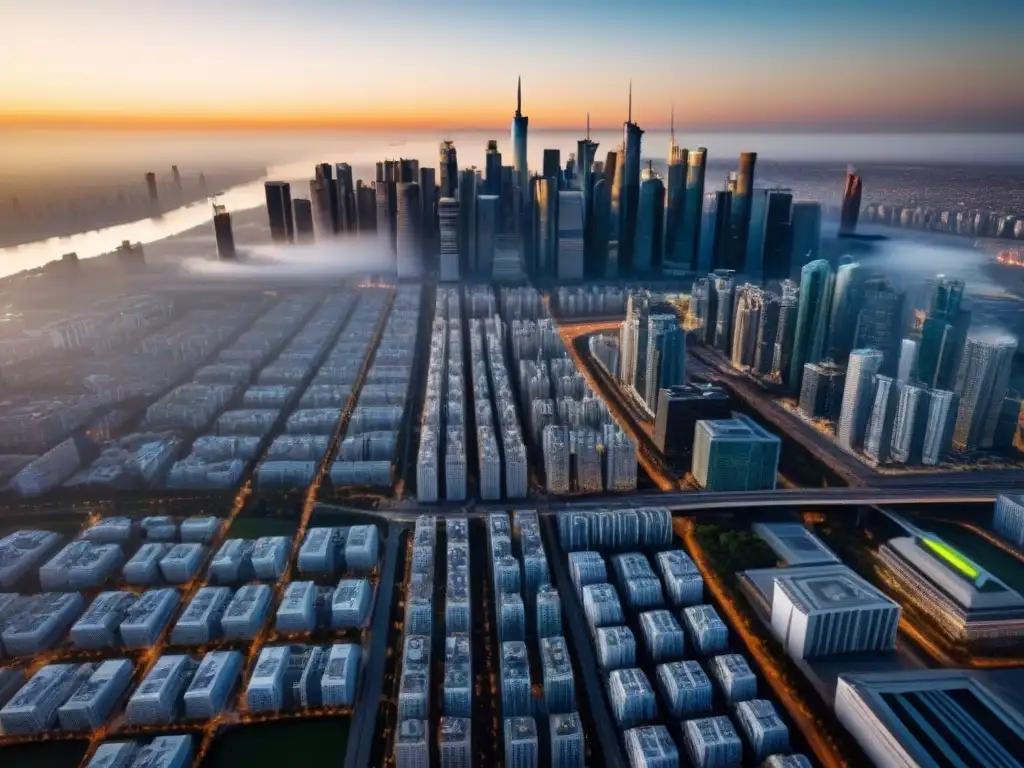 Metrópolis dorada: éxito y modernidad en préstamos premium Un paisaje urbano de rascacielos y arquitectura moderna financiados con préstamos premium para megaproyectos, bañados por la luz del atardecer