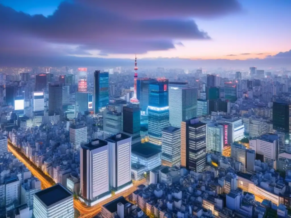 Tokio moderno iluminado: símbolo de innovación inmobiliaria japonesa Un paisaje urbano de Tokio al anochecer, con rascacielos iluminados y un edificio de oficinas moderno, fusionando tradición y tecnología