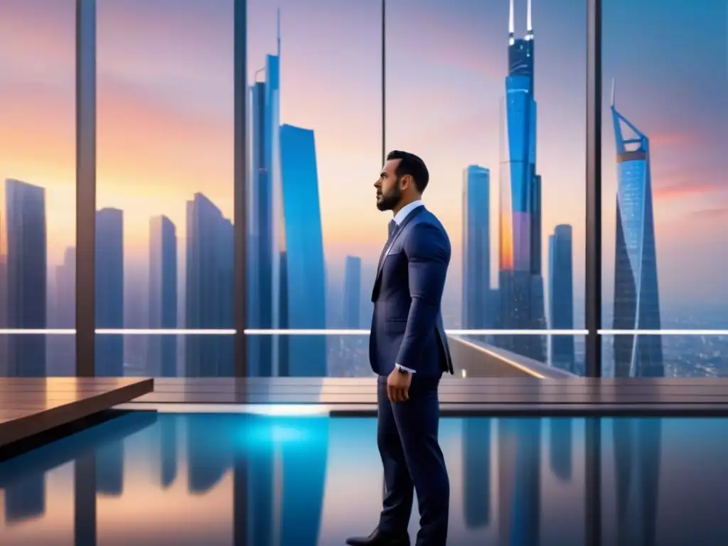 Horizonte urbano futurista al atardecer: negocios y colaboración Un paisaje urbano sereno y futurista al anochecer, con rascacielos elegantes reflejando los cálidos tonos del sol poniente