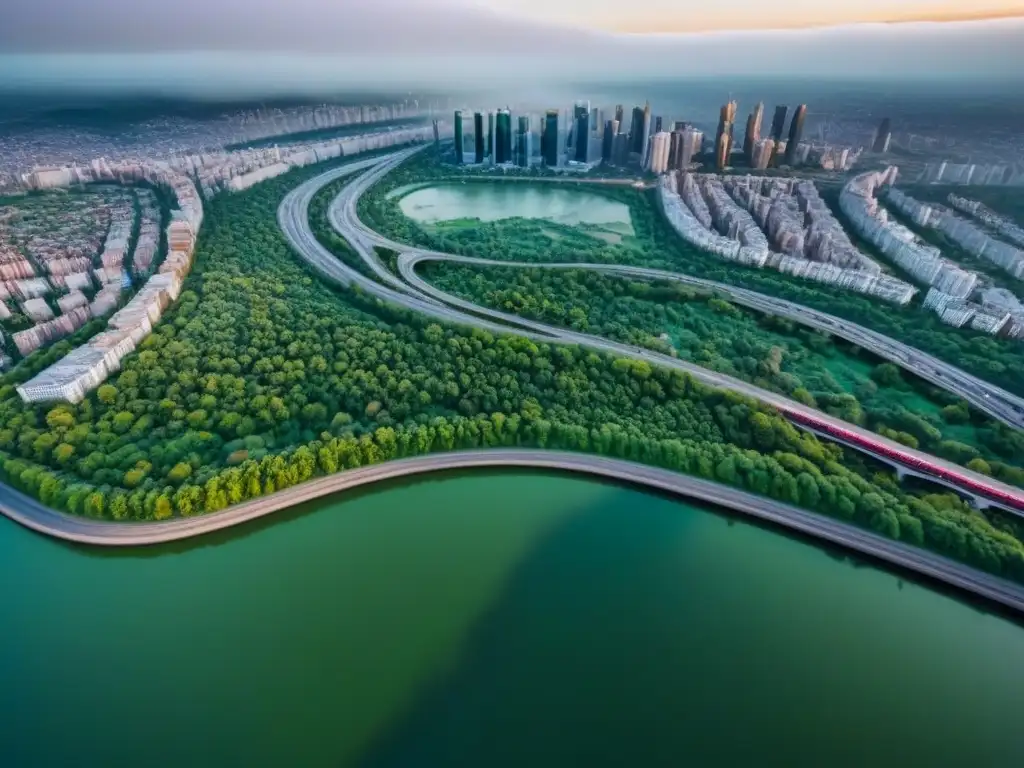 Cityscape dorado: arquitectura moderna y naturaleza en armonía Un paisaje urbano sostenible con edificios iluminados al atardecer, ríos y parques verdes