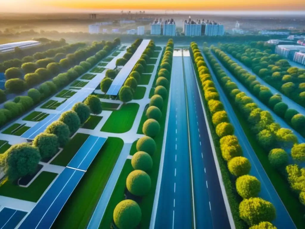 Metrópolis sostenible: visión aérea ecoamigable al atardecer Un paisaje urbano sostenible con edificios futuristas, paneles solares y techos verdes, integrando naturaleza y arquitectura moderna al atardecer
