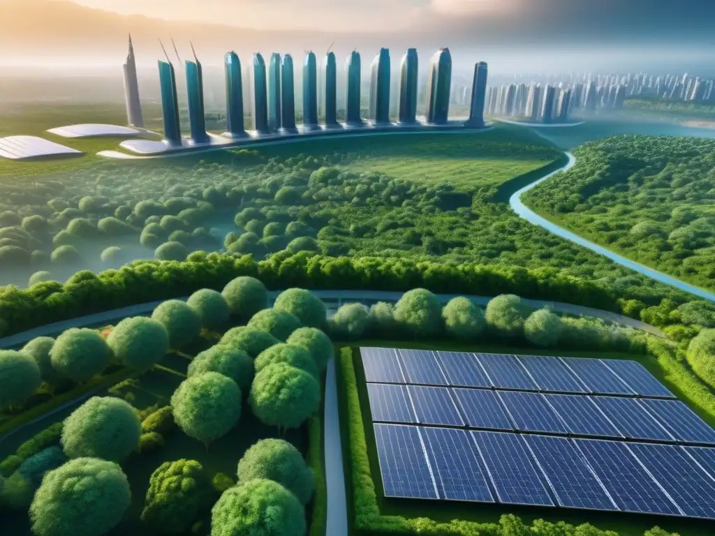 Metrópolis sostenible del futuro: innovación y armonía con la naturaleza Un paisaje urbano sostenible futurista con rascacielos ecológicos rodeados de vegetación, personas practicando acciones sostenibles