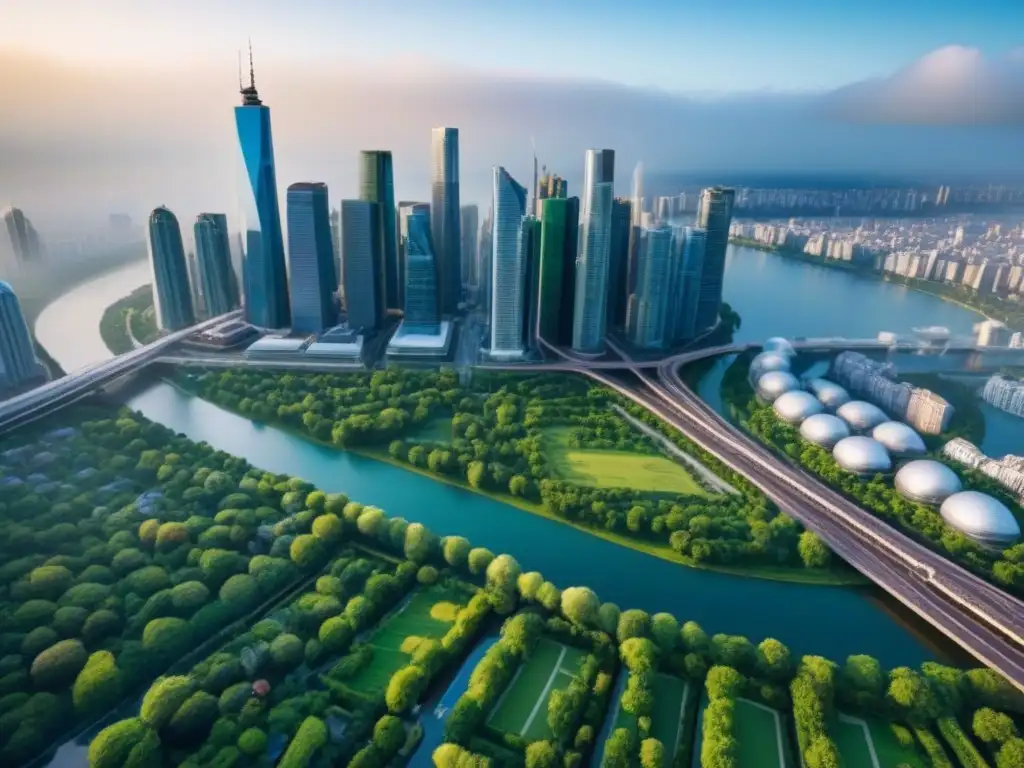 Armonía urbana: ciudad vibrante y sostenible Un paisaje urbano sostenible: rascacielos modernos rodeados de parques verdes y calles peatonales, reflejando una ciudad vibrante y equilibrada