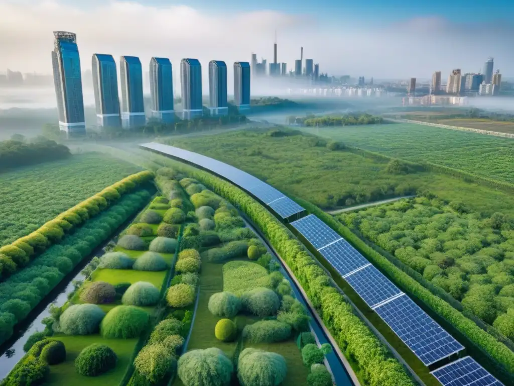 Un paisaje urbano sostenible con rascacielos LEED, jardines en azoteas y paneles solares