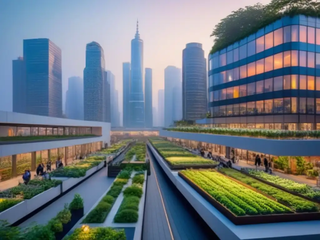 Metrópolis sostenible del futuro: diseño urbano verde y eficiente Paisaje urbano sostenible al anochecer con rascacielos ecológicos, transporte público eficiente y áreas verdes integradas
