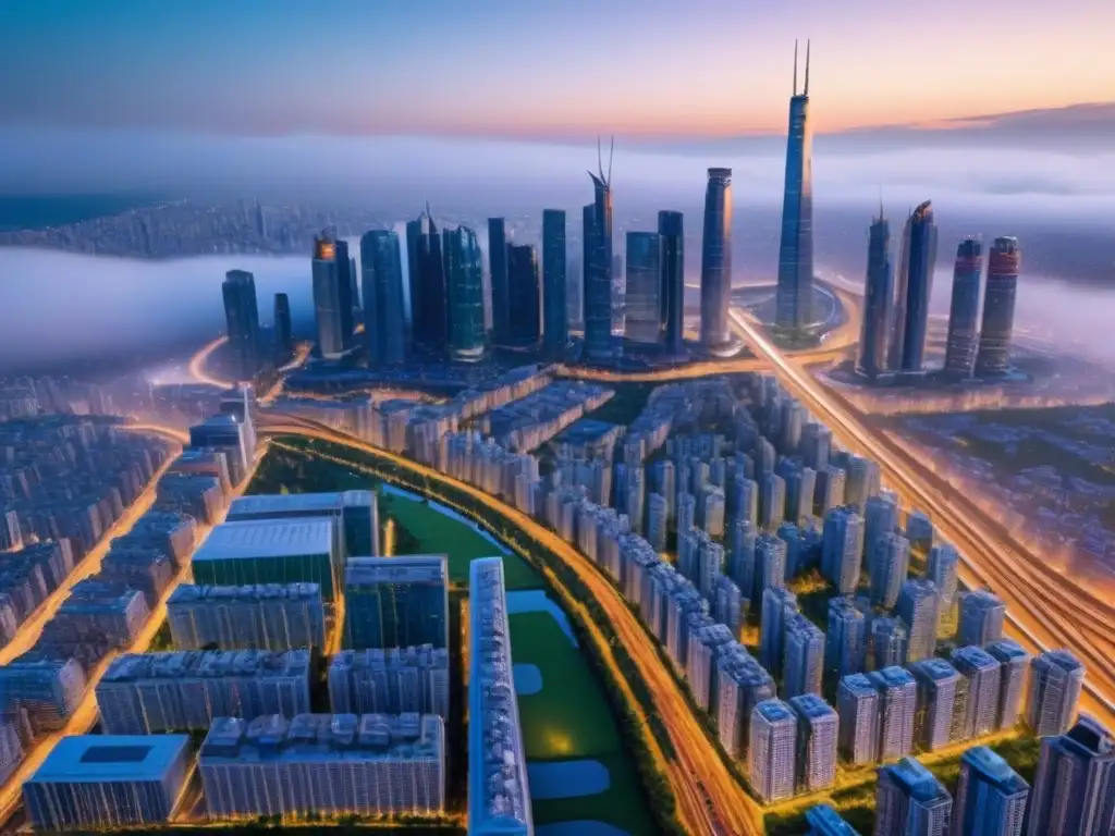 Metrópolis sostenible del futuro: diseño energético y naturaleza en armonía Un paisaje urbano sostenible al anochecer con rascacielos modernos, naturaleza integrada y transporte público futurista