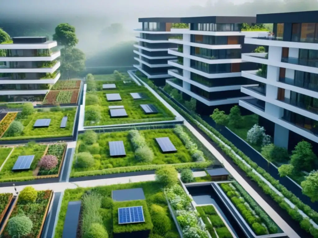 Desarrollo inmobiliario sostenible: armonía urbana y verde Un paisaje urbano sostenible con techos verdes y paneles solares, ilustrando el concepto de financiamiento inmobiliario sostenible