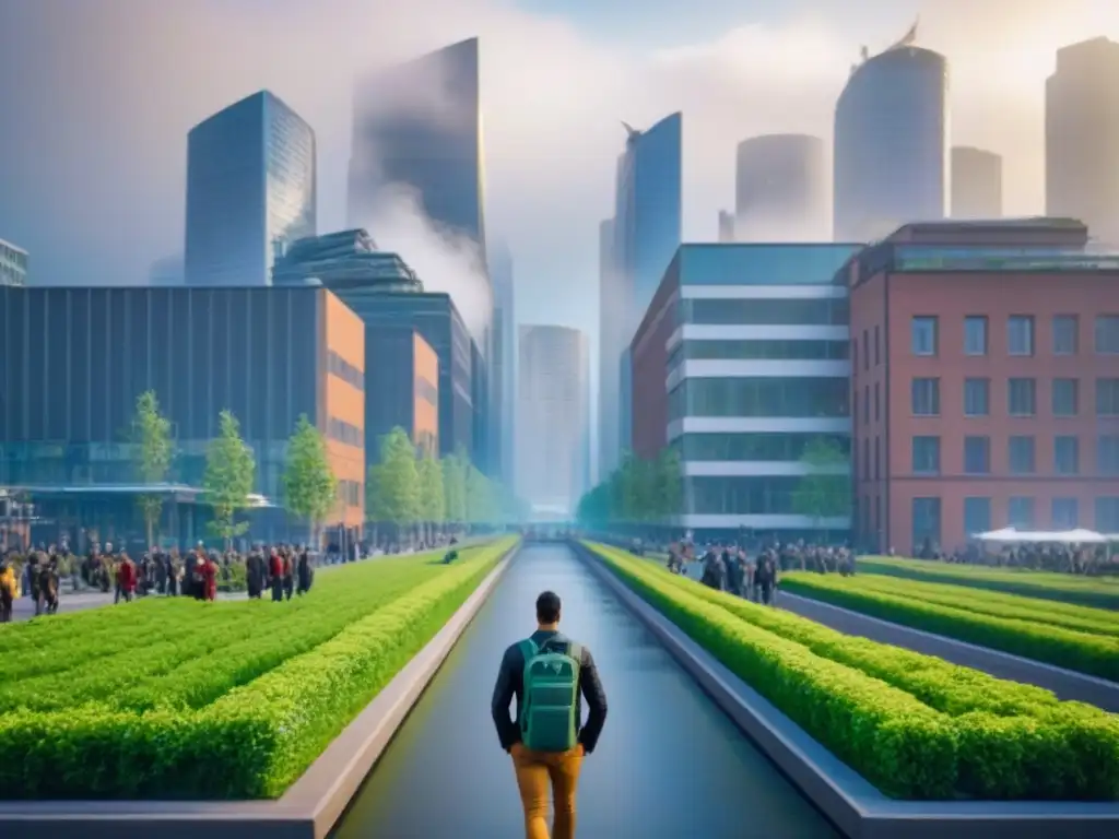 Cityscape verde: sostenibilidad y tecnología eco en acción Un paisaje urbano verde con edificios sostenibles, paneles solares, turbinas eólicas y vehículos eléctricos
