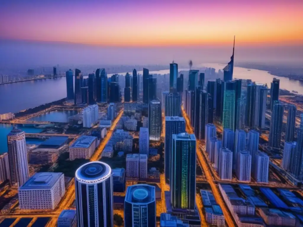 Espectacular ciudad al atardecer: luces y arquitectura moderna Un paisaje urbano vibrante al atardecer, con rascacielos iluminados y una mezcla de estilos arquitectónicos