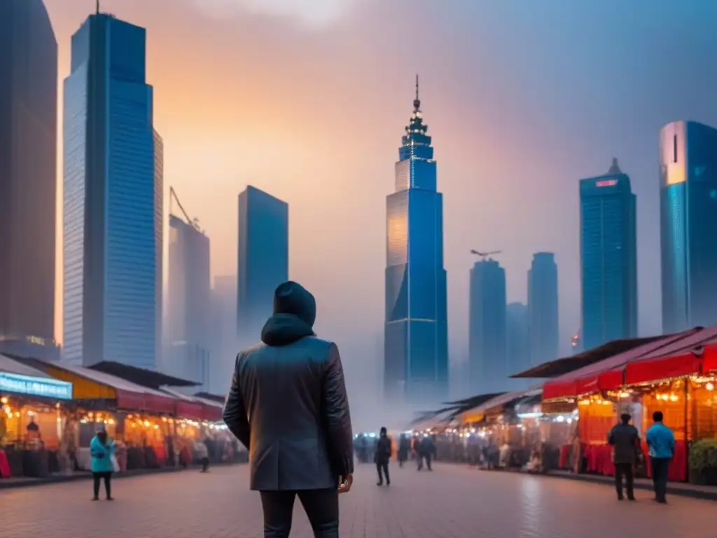 Metrópolis emergente: crecimiento inmobiliario en economías emergentes Un paisaje urbano vibrante de una bulliciosa metrópolis emergente de mercados, mostrando rascacielos imponentes con diseños futuristas, reflejando el crecimiento dinámico del financiamiento inmobiliario en economías emergentes