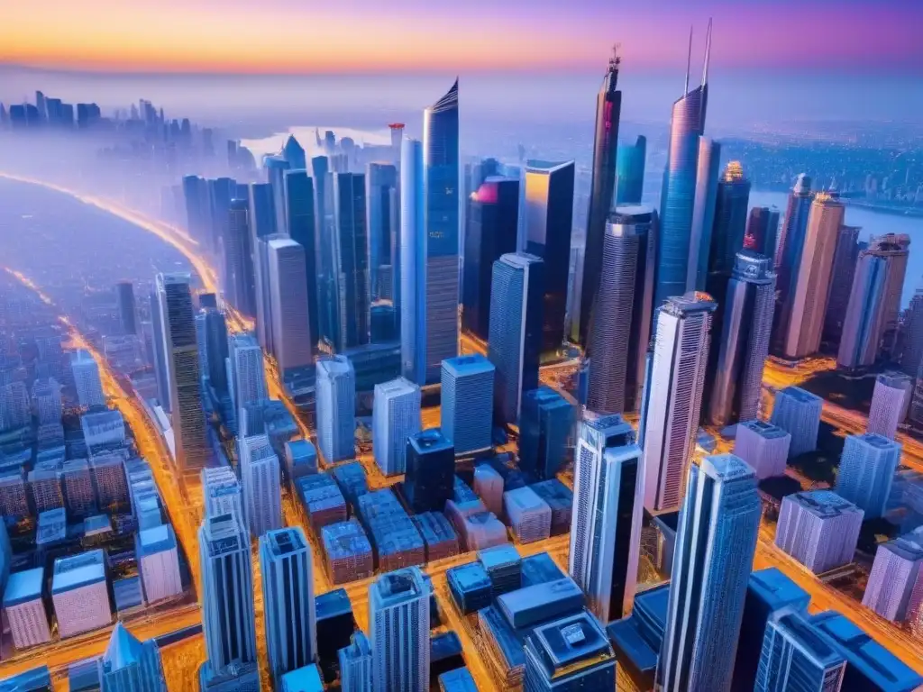 Metrópolis futurista en 8k: luces y diversidad urbana Un paisaje urbano vibrante y detallado al atardecer, con rascacielos futuristas iluminados y calles llenas de gente diversa